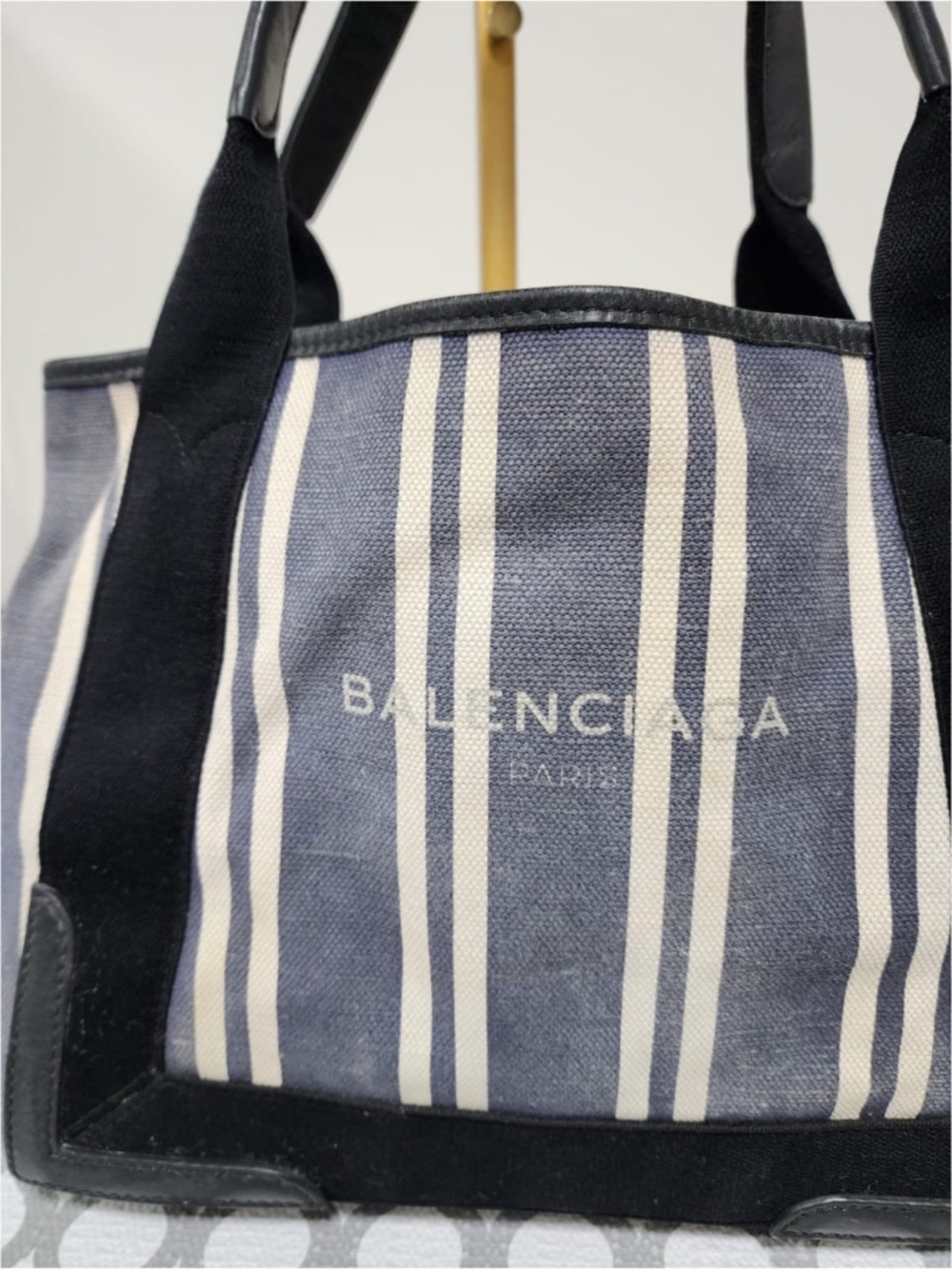 Authentic Balenciaga Canvas Striped Navy Cabas S Tote Bag Navy Blue/White/Black - Picture 10 of 12